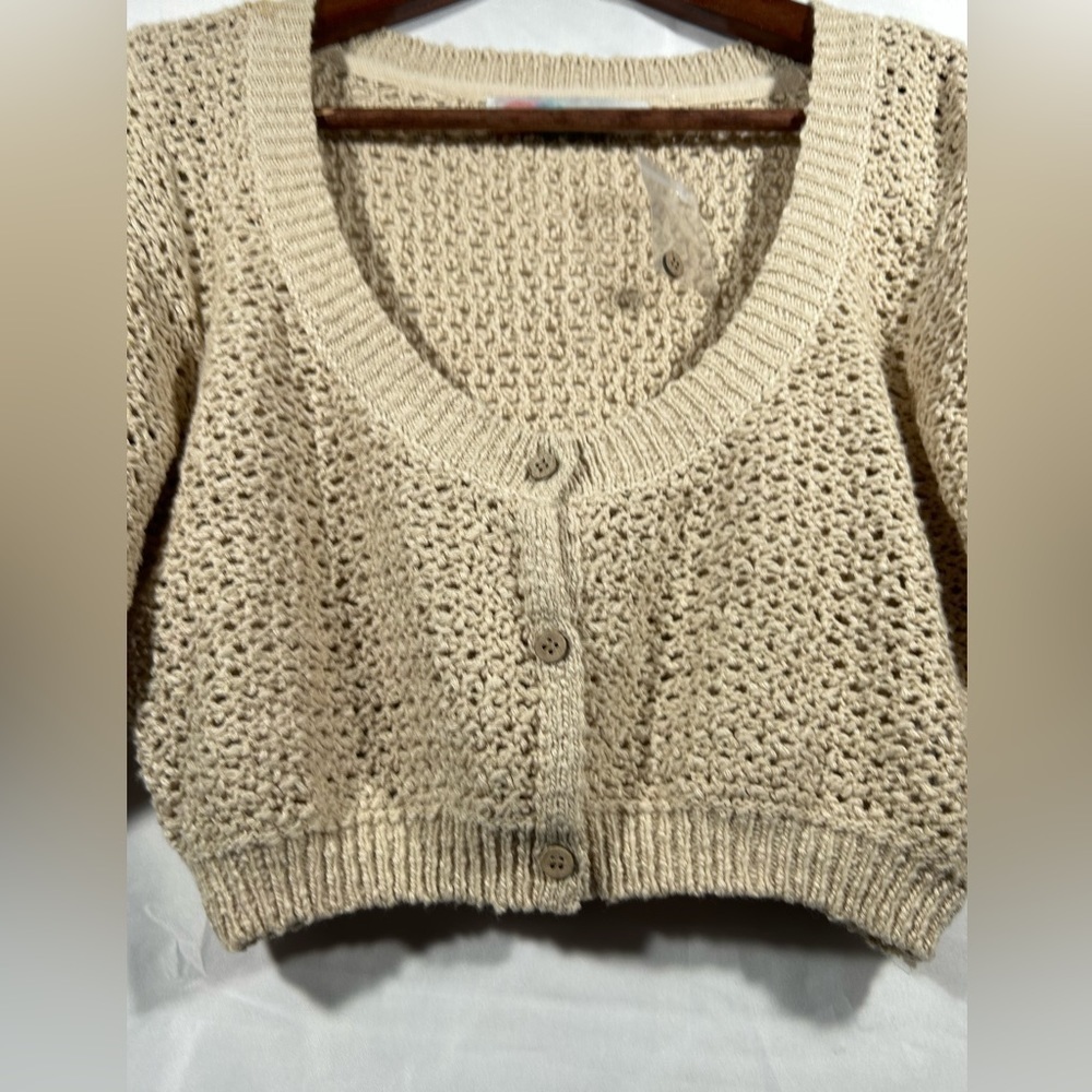 NEW Free People Crochet Knit Cropped Womens Button Down Sweater Cardigan Sz L - Picture 9 of 11